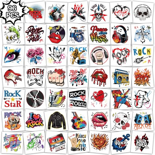 Qpout 96 Stück Rock and Roll Temporäre Tattoos,Vorgefertigte Musik Gitarre Rock Band Stern Fake-Tattoos Sticker für 80er 90er Themen-Geburtstagsfeier Dekorationen, Geschenke Zubehör Karneval