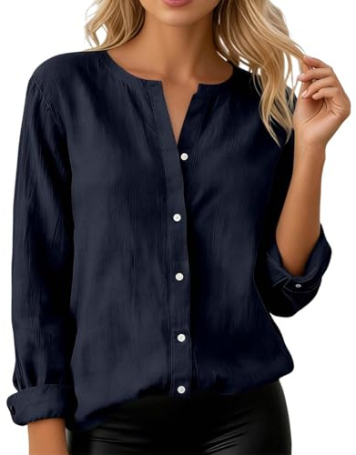 Camisa para mujer de negocios de gran tamaño, blusa elegante con cuello, blusas sin arrugas, sin planchado, blusas básicas, tops lisos, blusa., marine, XXL