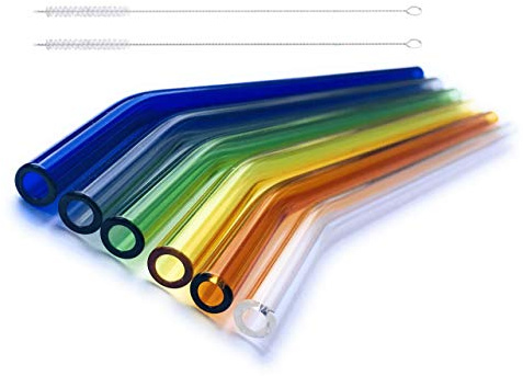 safe2bio 6 Stück farbige Premium Strohhalme aus Glas inkl. 2 Reinigungsbürsten, Trinkhalme bunt 20 cm lang, Glasstrohalme AD 8 mm, Trinkhalm recyclebar, Cocktail, Smoothie, gebogen