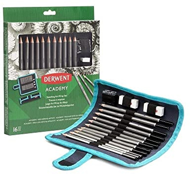 Derwent Academy Künstlerrolle mit Bleistiften für Skizzen, Bleistifte Set in Mäppchen, Zeichnen & Ausmalen, 16er-Set, Inklusive Spitzer & Radierer, Ideal zum Skizzieren, Academy-Serie, 2305682