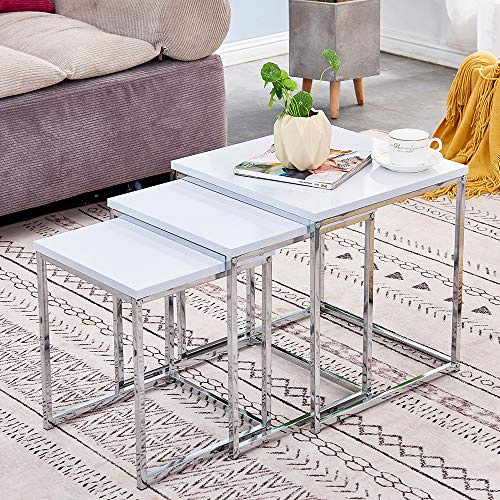 Redd Royal Modern Nesting Table Set of 3, Coffee Table Small End Table Sofa Side High Gloss Wood Tabletop with Chrome Frame Legs Space Saving for Living Room Bedroom (Square Pure White Set of 3)