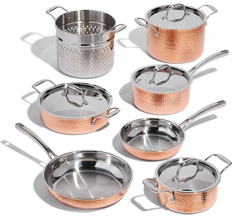 Lagostina Martellata Tri-ply Hammered Copper 11 PC Pots and Pans Cookware Set, Copper
