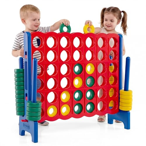 COSTWAY Vier-Gewinnt Spiel, 4 Gewinnt Spielbrettsätze, Vier in Einer Reihe Spiel mit 42 Jumbo Ringen und Schieberegler zum schnellen Neustart für Kinder und Erwachsene (Blau)