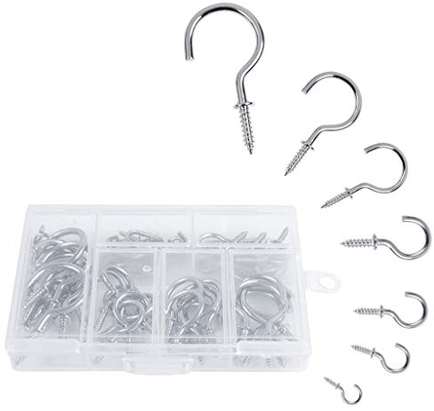 OWUDE 60PCS Screw Hooks, Cup Hooks Heavy Duty, Small Hanging Hooks, Drop Ceiling Hooks Screw for Hanging Plants, Cups, Kitchen Cabinet Shelf, 7 Sizes (Silver)