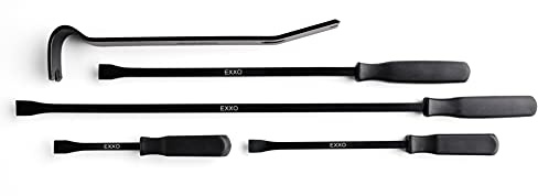 EXXO 5 Piece Pry Bar Set - Heavy Duty Flat Bar Hand Tools 8, 12, 15, 18, 25 Inch Bars Tool Box Accessories Crow Bars Trim Puller Tool for Baseboard Demolition Tools Pocket Pry Bar Mechanics Tool Set