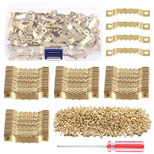 Swpeet 600Pcs Sawtooth Picture Frame Hanging Hangers Double Hole with Screws and Screwdriver, for Home Decoration Creative Picture Frame Hanging (Gold)