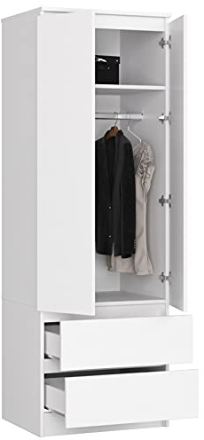 BDW Kleiderschrank mit 2 Türen, 2-türiger Kleiderschrank, 2 Schubladen - Aufbewahrungsschrank - Moderner Schrank für Schlafzimmer, Wohnzimmer, Flur, Kinderzimmer - 180x60x51cm - Weiß