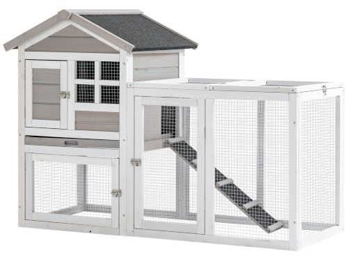 PawHut Kaninchenstall Kaninchenstall Cottage - obere Nische mit Rampe und Freilaufgehege - Schiebeboden, Bitumendach, 4 verschließbare Türen - ABM. 128L x 64l x 92H cm Tannenholz weiß grau