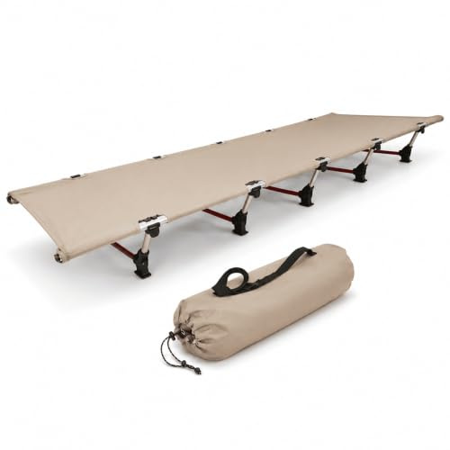 MidGard hochwertiges Feldbett, ultraleichtes Outdoorbett, klappbares Campingbett aus Aluminiumlegierung und Polyester bis 140 kg belastbar! Perfekt für Zelten, Wanderung, Reisen usw. beige