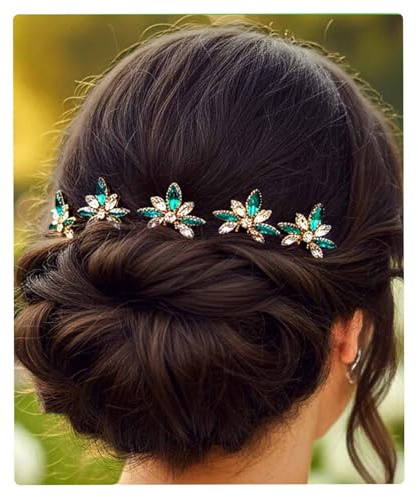 Flayem Haarschmuck Grün Hochzeit Braut Strass Haarnadeln Kristall Blatt(5 Pezzi)
