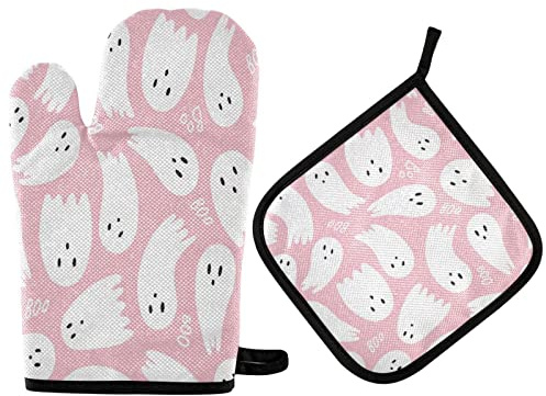 QUGRL Süße Halloween-Geister-Ofenhandschuhe und Topflappen-Set, Boo Pink, Küche, Ofenhandschuhe, heiße Pads, hitzebeständige Handhabung, Kochen, Kochgeschirr, Backgeschirr, BBQ