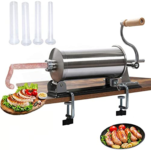 HSRG Sausage Stuffer Machine, 6LBS/3L Stainless Steel Horizontal Sausage Stuffer Maker Manual Sausage Filler with 4 Filling Tubes, for Commercial or Home Use