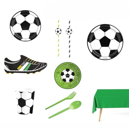 OH YEAH - Kit Vajilla Desechable Cumple Fútbol de Cumpleaños 12 Personas - 122 Piezas - Platos, Vasos, y Servilletas Desechables - Decoración Vajilla Cumpleaños Infantil Temático - Kit Mesa