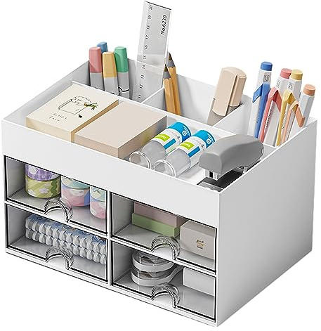 Organiseur de bureau, jolie boîte de rangement de maquillage avec 4 tiroirs et 4 compartiments, organiseur de bureau pour la maison, le bureau et l'école (blanc)