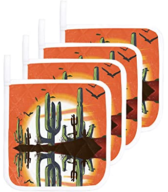 Lot de 4 maniques pour Cuisine, Cactus Vert Opuntia avec manique résistante à la Chaleur pour Oiseaux avec Boucle de Suspension pour Cuisson, Barbecue, Paysage Tropical du désert