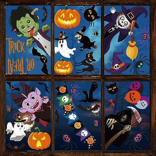 Moxled Halloween Deko Fensteraufkleber, Kürbis Spinnennetz Fledermaus Fensterbilder, 9 Blätte Halloween Fenster Tür Aufkleber, 55Pcs Geister Vampir Hexe Wandaufkleber für Kinderzimmer Party