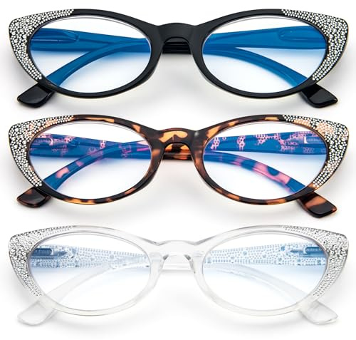 KoKoBin Lot de 3 lunettes de lecture pour femme à œil de chat, ordinateur à la mode bleu clair bloquant la lecture lunettes cadre confort fermeture éclair à ressort