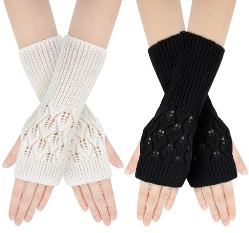 Newellsail Fingerlose Handschuhe Winter Warme Halb Fingerhandschuhe mit Daumenloch Winterhandschuhe Wärmer Strick Kurzer Gestrickte Fingerlose für Damen Mädchen 2 Paar (Schwarz & Weiß)