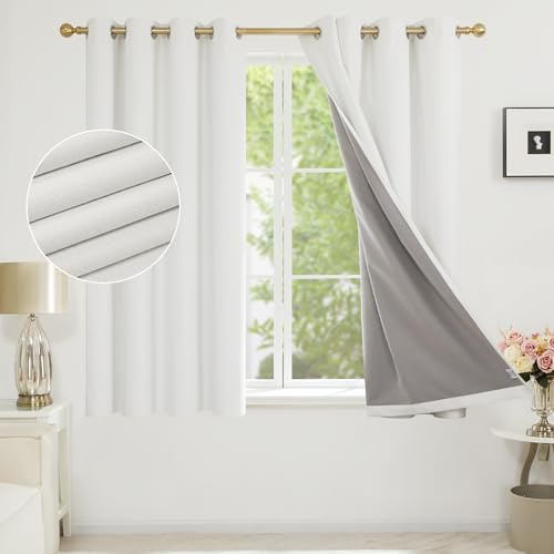 Deconovo Faux Linen Full Blackout Curtains with Coating, Energy Saving Thermal Curtains, Thick Eyelet Curtains for Kids Room, 52 x 63 Inch(Width x Length), White,One Pair