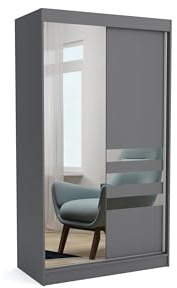 Brent - Kleiderschrank mit Spiegel Henry, 100cm Breit, Schlafzimmerschrank mit 1 Kleiderstange und Einlegeböden für Kleidung, Kleiderschrank Grau