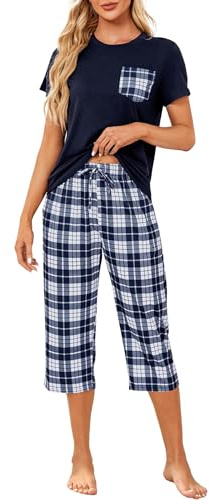 Reliwel Pyjamas, dam, rutig, kortärmad pyjamas-set, tvådelad topp och 3/4 långa byxor, pyjamas, dam, kort, hemmadräkt, sovkläder, nattkläder för vår, sommar, höst, Marinblå, M