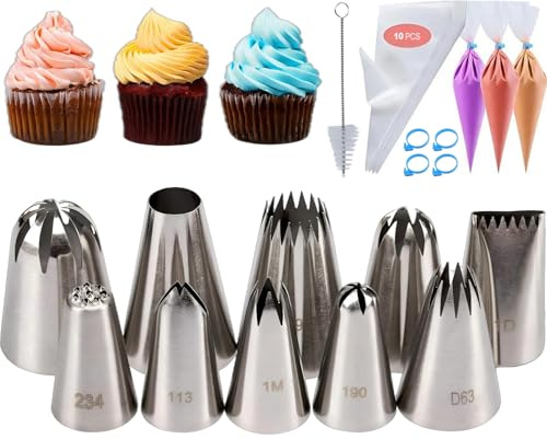 MDLJG 25 Pcs Extra Large Piping Tip Set, Stainless Steel Frosting Piping Kit,Pastry Cake Decorating Tips Baking Tools For Cookies Cupcake Decorating Kit (902 234 113 1M 190 D63 1D 9FT 1C R16L)