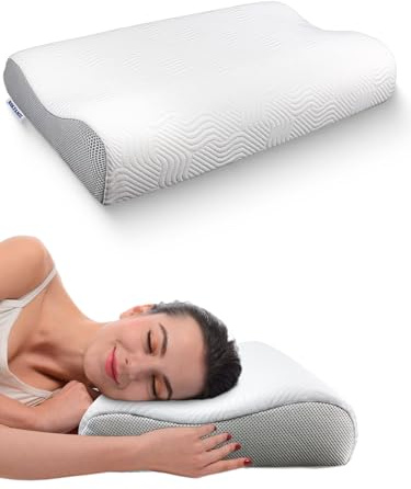 BSKFAMII Konturkudde i minnesskum för sängsömn, ergonomisk nackkudde för nack- och axelsmärtlindring, ortopediskt nackstödskudde för de som sover på sidan och magen – queen size