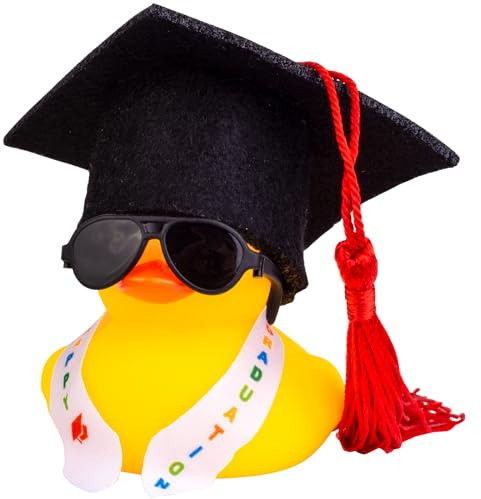 Mwmoeen lustige Akademiker Ente mit Diplom, Abschlussfeier Deko Geschenk | Mini Graduierung Ente Auto Armaturenbrett Dekoration mit Hut Schärpe Brille Schärpe, Geschenk bei Prüfungen Abschlussfeier