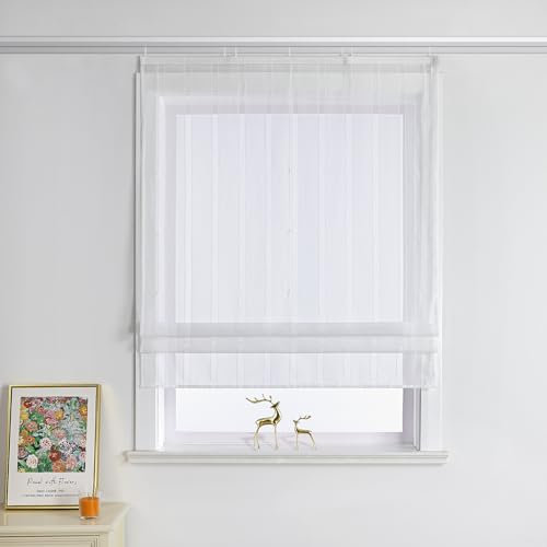 Joyswahl Raffrollo weiß gestreift Muster Raffgardine mit Klettschiene Transparent Fenster Vorhänge ohne Bohren Lichtdurchscheindend HxB 140x100cm 1 Stück Packung