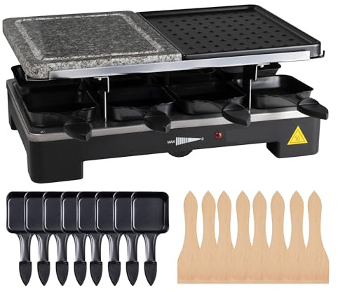 Set med 8 personer – med grillplatta och stenplattsfunktion – bordsgrill inkl. pannor och skrapa