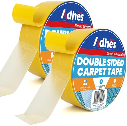 ADHES Cinta de Alfombra de Doble Cara Pesada, 50MM x 27M x 2 Rollo, Amarillo Desmontable, Sin Clip de Alfombra Antideslizante Residual, Adecuada para Suelos de Madera Dura
