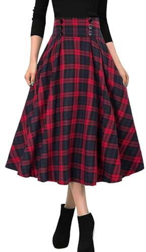 MGizo DtiSpectrum Gonne Midi a Quadri da Donna - Gonna Svasata a Pieghe a Trapezio con Vita Alta, Lunghezza al Ginocchio, in Tartan Vintage con Elastico in Vita