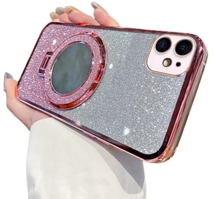 IMEIKONST Sparkly for iPhone 12 Mini Case Gradient Glitter Rose Gold DSJ | Makeup Mirror Ring Stand Function, Full Camera Protector, Soft Silicone Shockproof, Plated Transparent Cover for Girl Women