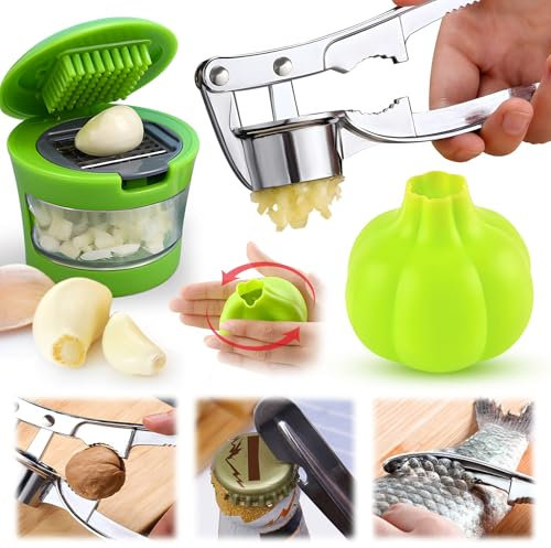 Generic 3-Piece Garlic Press, Cutter, Peeler Set - Stainless Steel & Silicone - Metallic Silver
