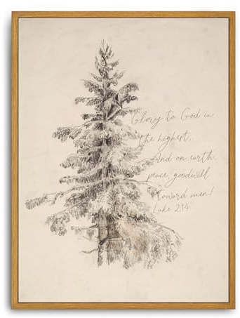 Roslynity Gerahmter Kunstdruck auf Leinwand, Vintage-Stil, Weihnachtsbaum, Schrift, Gemälde, Frieden auf Erden, Lukas 2:14, Winter, Kiefer, christlicher Bibelvers, Retro, für Zuhause, Wohnzimmer