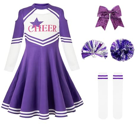 LOLANTA Disfraz de Animadora para Niñas, Ropa de Animadora para Niñas con Calcetines Pom poms, Traje de Uniforme de Animadora de Manga Larga para Niñas, 5-13 años(morado,10-11 años,150)