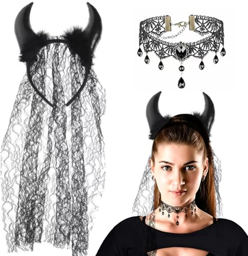 TYXHXTF Teufel Hörner Haarreif, Schwarz, Halloween Haarschmuck Teufelshörner Stirnband mit Schleier Spitze Party Kopfschmuck, für Damen Mädchen Karneval Cosplay (mit Halskette)
