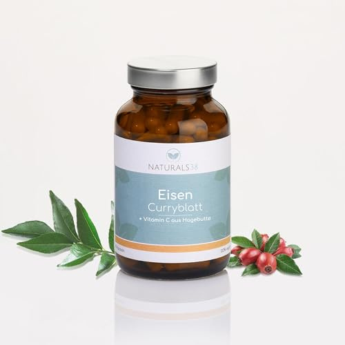 NATURALS38 EISEN CURRYBLATT + VITAMIN C AUS HAGEBUTTE - 90 KAPSELN - 100% Tagesbedarf Eisen - pflanzlich aus Curryblatt-Extrakt & Hagebutte - im Glas - 3 Monatsversorgung - Made in Germany