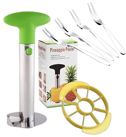 Cortador de Piña Acero Inoxidable – Pelador, Descorazonador y Troceador 3 en 1 - Pela Piñas, Corta Piña (4 Tenedores de Regalo + Troceador de Piña) (Fácil de Usar y Limpiar)