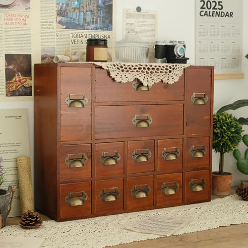 14 Drawers Apothecary Drawers Card Catalog Cabinet,Wooden Storage Box with Drawers,Library Card Catalog Cabinet for Desktop Organizer,Brown
