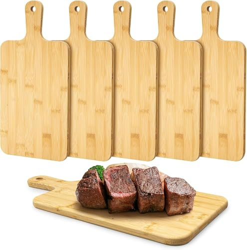 5er Set Schneidebrett Bambus mit Griff, 40 x 20 cm Schneidebretter Holz Küche Holzschneidebretter Frühstücksbrettchen für Brot Flammkuchenbrett Natur Käse Wurst Obst