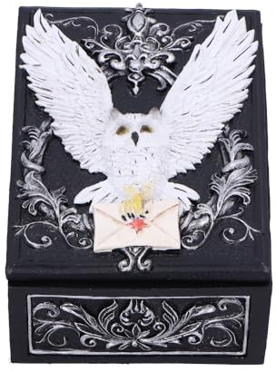 Nemesis Now Eulen-Kurierbox, Schneeeule mit versiegeltem Buchstaben auf gotischem Blumenmotiv, Kunstharz, handbemalt, Fantasie-Aufbewahrung für Schmuck und Schätze