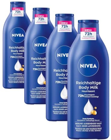 NIVEA Reichhaltige Body Milk, intensiv pflegende Körpercreme mit purem Hyaluron, Mandelöl und Tiefenpflege Serum, Lotion für trockene Haut (400 ml) (Packung mit 4)
