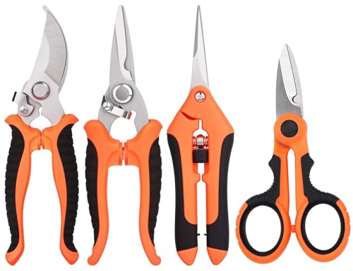 4 Pack Bypass Pruning Shears Stainless Steel Ergonomic Grip | Heavy duty garden scissors for flowers, fruit trees, plants; ergonomic comfortable grip, durable blades, 4 pack set