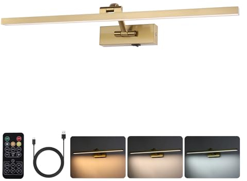 Wireless Picture Lights for Wall Battery Operated, Brass Art Lighting for Paintings Rechargeable Gallery lights with Remote and Timer 3CCT Dimmable Painting Lights for Artwork Portrait 23.6 inch
