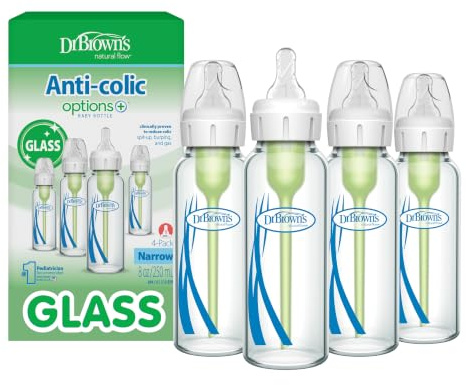Dr. Brown's Anti-Colic Options+ schmale Glas-Babyflasche mit langsamem Trinksauger Stufe 1, BPA-frei, 250 ml, 4er-Pack