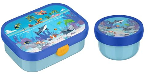 Mepal Caja de frutas y bento para niños, apta para lavavajillas y sin BPA, 300 y 750 ml, con compartimentos, tenedor y cierre de clip, perfecto para aperitivos y comidas, océano tropical