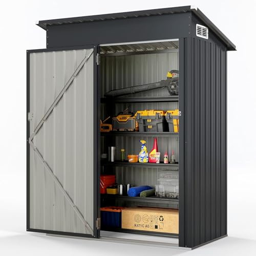 GOPLUS 1,02m² Abri de Jardin en Métal Galvanisé pour Outil avec Toit Incliné, Résistant au Intempérie,150 x 88 x 185 CM, Cabane de Jardin avec Évant d’Aération, 1,88m³, Potre Fermable et Serrue (Gris)