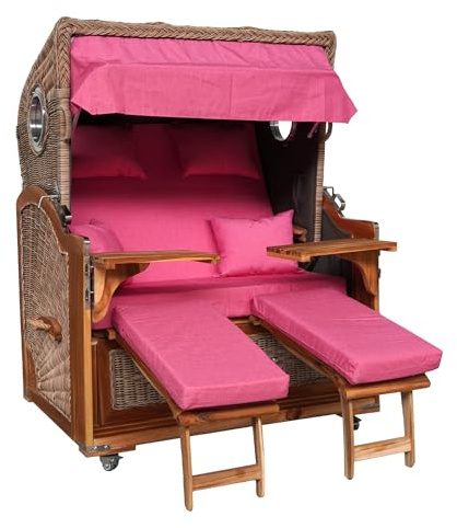 Webavita Strandkorb Bali Teakholz | 2,5-Sitzer | Montiert | Geflecht Grau | Bezug Rosa | Halblieger | Beach Chair für den Garten Terrasse Balkon