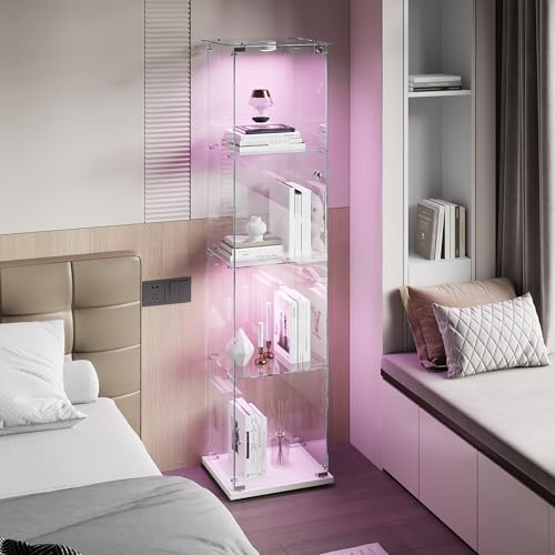 MOTUZP glasvitrinskåp, skåp för samling med LED, med 1 dörr 4 hyllor transparent möbelvitrinskåp för vardagsrum, kontor (vit, 1 dörr + 4 nivåer + belysning)